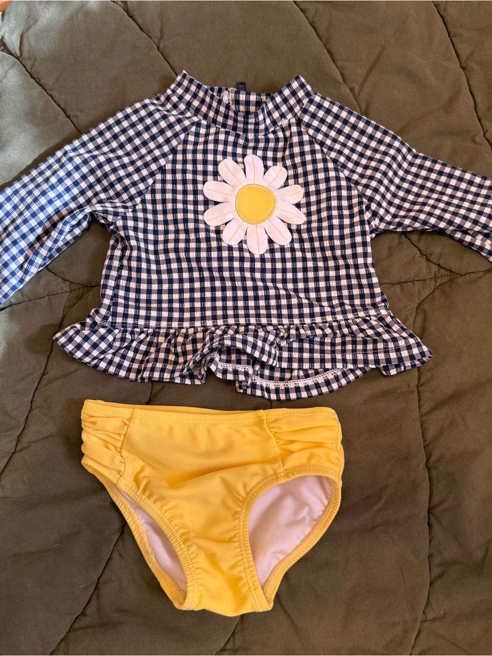 Kids Navy Gingham Daisy Rash Guard Set with Yellow Swim Bottoms